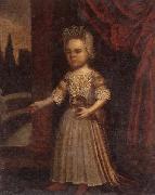 unknow artist Portrait of a young girl,full length,holding a toy dog and a bunch of cherries,set beside a partly-draped red curtain oil on canvas